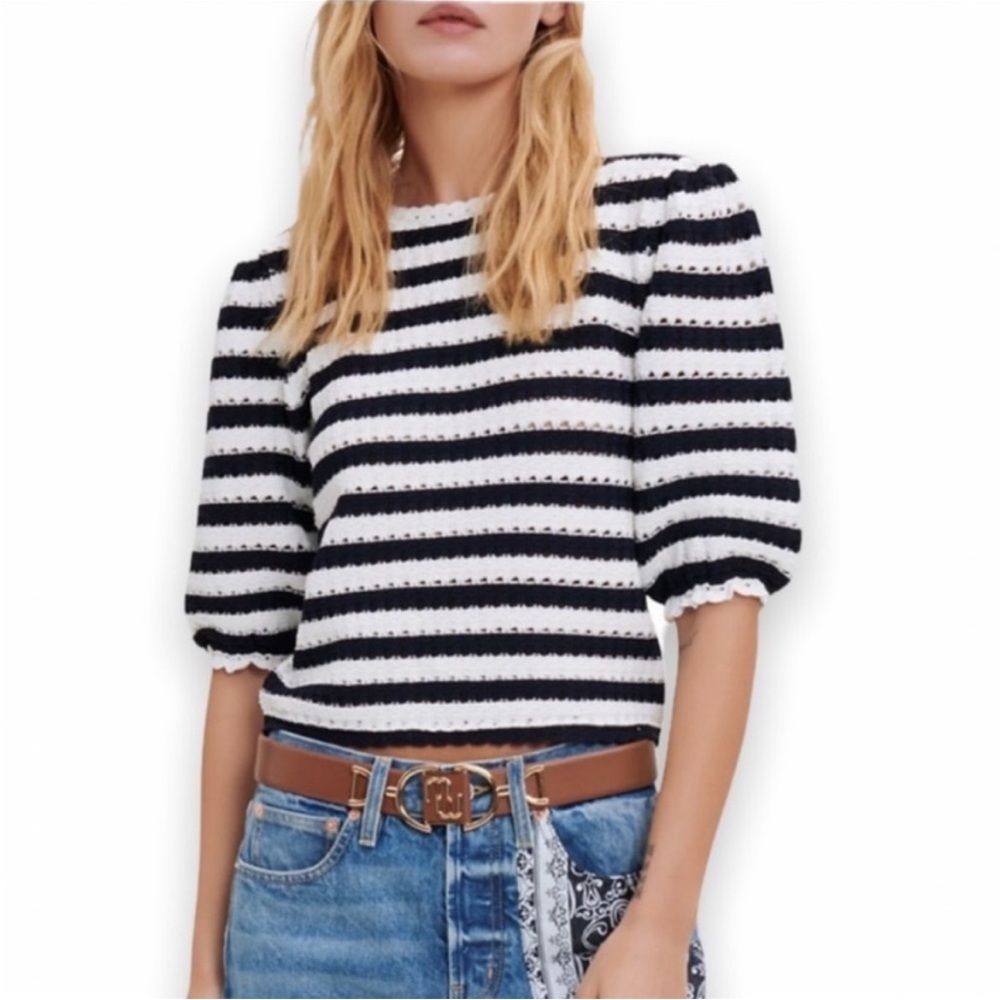 NWT! MAJE Marigna Marine/Ecru Striped Crochet-Knit Top Size Medium